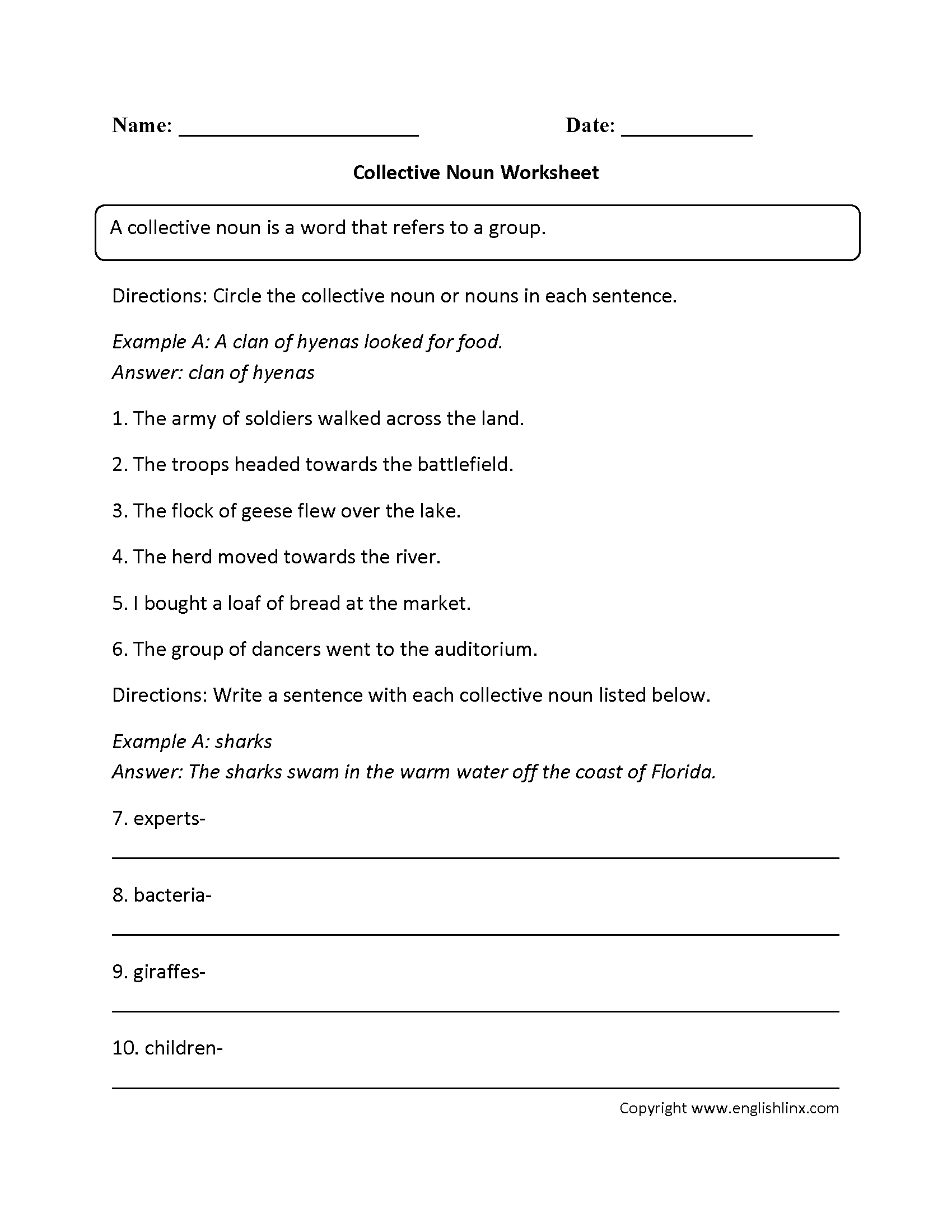 Fill-In Collective Nouns Worksheet